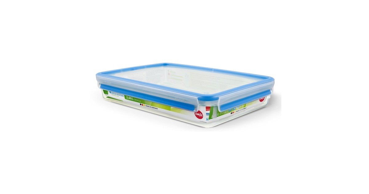 Emsa CLIP & CLOSE Frischhaltedose 2,6 Liter transparent/blau, rechteckig, Großformat