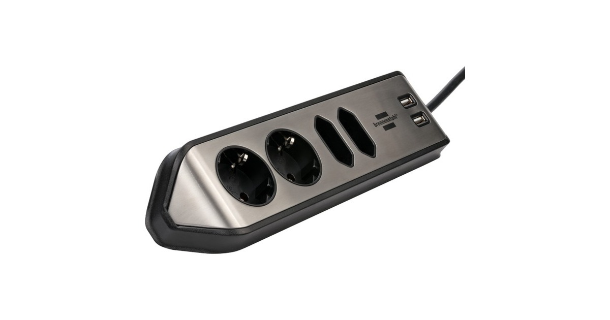 Brennenstuhl estilo Eck-Steckdosenleiste 4-fach schwarz/edelstahl, 2 Meter, 2x USB