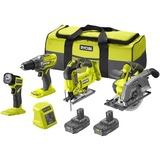 Ryobi ONE+ Akku Combo-Set RCK184D-220S, 18Volt, Werkzeug-Set grün/schwarz, 2x Li-Ionen Akku 2,0Ah, Bohrschrauber + Stichsäge + Kreissäge + Leuchte, Tasche