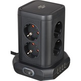 Brennenstuhl Steckdosenturm 8-fach, 4x USB-A, Steckdosenleiste schwarz, 2 Meter Kabel, mit Sicherheitsschalter