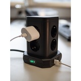 Brennenstuhl Steckdosenturm 8-fach, 4x USB-A, Steckdosenleiste schwarz, 2 Meter Kabel, mit Sicherheitsschalter
