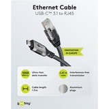 goobay Ethernet-Kabel USB-C 3.2 Gen2 Stecker > RJ-45 Stecker, LAN-Adapter schwarz/silber, 1,5 Meter, geflochtener Textilmantel