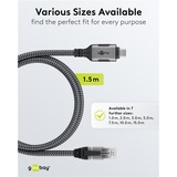 goobay Ethernet-Kabel USB-C 3.2 Gen2 Stecker > RJ-45 Stecker, LAN-Adapter schwarz/silber, 1,5 Meter, geflochtener Textilmantel
