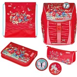Herlitz FiloLight Plus Vintage Love, Schulranzen rot, inkl. befülltem 16 tlg. Schüleretui, Faulenzer Mäppchen, Sportbeutel