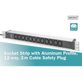 Digitus Steckdosenleiste 19" PDU mit Aluminiumprofil, 12-fach C13 schwarz/aluminium, 2 Meter Kabel, 1 HE, 1-phasig 16A, Schutzkontaktstecker