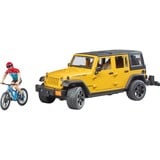 bruder 02543 Jeep Wrangler Rubicon Unlimited, Modellfahrzeug gelb/schwarz, Inkl. Mountainbike und Radfahrer