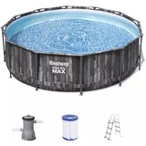 Bestway Steel Pro MAX Frame Pool Set, Ø 366cm x 100cm, Schwimmbad dunkelbraun/blau, Holzdekor, mit Filterpumpe