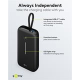 goobay Powerbank 20.000 mAh, integriertes USB-C Kabel 13cm, 30 Watt schwarz, 20 Ah, 1x USB-A, 2x USB-C, PD, QC