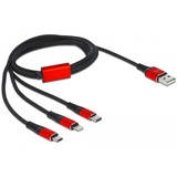 DeLOCK USB Ladekabel, USB-A Stecker > 2x USB-C + Lightning Stecker schwarz/rot, 1 Meter, gesleevt, nur Ladefunktion