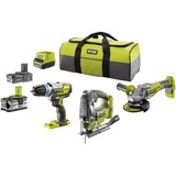 Ryobi ONE+ Akku-Combo-Set R18CK3BL-242S, 18Volt, Werkzeug-Set grün/schwarz, Li-Ionen Akku 2,0Ah und 4,0Ah, Schlagbohrschrauber, Stichsäge, Winkelschleifer