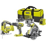 Ryobi ONE+ Akku-Combo-Set R18DDJSCSP-242S 18V, Werkzeug-Set grün/schwarz, Li-Ionen Akku 2,0Ah und 4,0Ah, Bohrschrauber, Stichsäge, Kreissäge