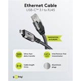 goobay Ethernet-Kabel USB-C 3.2 Gen2 Stecker > RJ-45 Stecker, LAN-Adapter schwarz/silber, 3 Meter, geflochtener Textilmantel
