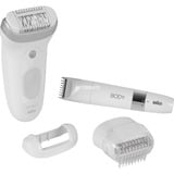 Braun Silk-épil 7 7-441, Epiliergerät weiß/silber, inkl. Rasieraufsatz, Trimmeraufsatz, Hautkontaktaufsatz, Mini-Körpertrimmer, Tasche, Reinigungsbürste, Ladekabel