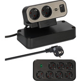Brennenstuhl estilo Duplex Tischsteckdosenleiste 9-fach, 2x USB schwarz/silber, 2 Meter Kabel, USB-A, USB-C, mit beleuchtetem Sicherheitsschalter