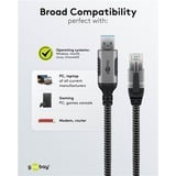 goobay Ethernet-Kabel USB-A 3.2 Gen1 Stecker > RJ-45 Stecker, LAN-Adapter schwarz/silber, 15 Meter, geflochtener Textilmantel