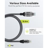 goobay Ethernet-Kabel USB-A 3.2 Gen1 Stecker > RJ-45 Stecker, LAN-Adapter schwarz/silber, 15 Meter, geflochtener Textilmantel