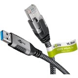 goobay Ethernet-Kabel USB-A 3.2 Gen1 Stecker > RJ-45 Stecker, LAN-Adapter schwarz/silber, 15 Meter, geflochtener Textilmantel