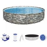 Bestway Power Steel Frame Pool Set, Ø 671cm x 132cm, Schwimmbad braun/blau, Steindekor, mit Filterpumpe