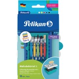 Pelikan Kreativfabrik Malzubehörset gross L türkis, Wasserbox mit Mischpalette, Schwamm, 5 Pinsel, 5 Tuben Temperafarbe, Mischanleitung und wasserfestem Stickerbogen