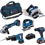 Bosch 18V Profi Set, 5 Werkzeuge (GSR, GWS, GKS, GSA, GST), Werkzeug-Set blau, 3x Li-Ion Akku 4,0Ah, Werkzeugtasche