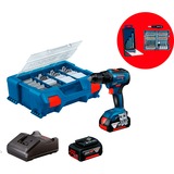 Bosch ProWeekend Bundle 02 GSR 18V-55, Bohrschrauber blau/schwarz, 2x Li-Ion Akku 4,0Ah, 134-teiliges Zubehör-Set, L-Case Pick & Click