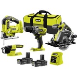 Ryobi ONE+ Akku-Combo-Set R18CK4D-220S 18V, Werkzeug-Set grün/schwarz, 2x Li-Ionen Akku 2,0Ah, Bohrschrauber, Handkreissäge, Stichsäge