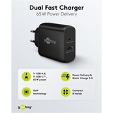 goobay USB-C Dual-Schnellladegerät, PD, GaN, 65 Watt schwarz, 1x USB-C, 1x USB-A, Power Delivery