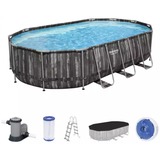Bestway Power Steel Frame Pool Set, 610cm x 366cm x 122cm, Schwimmbad dunkelbraun/blau, Holzdekor, mit Filterpumpe