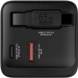 Verbatim GaN-Ladegerät 65W, 1x USB-A , 2x USB-C, ausziehbares Kabel schwarz, PD 3.0, QC 3.0