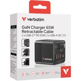 Verbatim GaN-Ladegerät 65W, 1x USB-A , 2x USB-C, ausziehbares Kabel schwarz, PD 3.0, QC 3.0