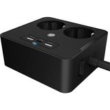 ICY BOX Steckdosenleiste IB-MPS2220B-CH, 2-fach, 3x USB schwarz, 1,9 Meter Kabel, Schalter