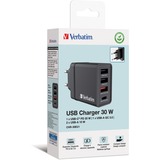 Verbatim Ladegerät 30W, 1x USB-C , 3x USB-A schwarz, PD 3.0, QC 3.0