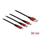DeLOCK USB Ladekabel, USB-A Stecker > 2x USB-C + Lightning Stecker schwarz/rot, 30cm, gesleevt, nur Ladefunktion