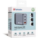 Verbatim GaN-Ladegerät 65W, 1x USB-A , 2x USB-C grau, PD 3.0, QC 3.0