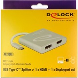 DeLOCK USB Adapter, USB-C Stecker > HDMI Buchse + DisplayPort Buchse silber, 10cm, Video Splitter, 4K 30Hz