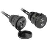 DeLOCK USB Verlängerungskabel, USB A + 3,5mm Klinkenstecker > USB A + 3,5mm Klinkenbuchse schwarz, 2 Meter, mit Einbaubuchse