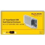 DeLOCK Externes Dual Gehäuse für 2 x 2.5" SATA HDD / SSD mit USB Type-C Buchse, Laufwerksgehäuse transparent