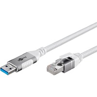 goobay Ethernet-Kabel USB-A 3.2 Gen1 Stecker > RJ-45 Stecker, LAN-Adapter weiß, 5 Meter, geflochtener Textilmantel