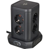 Brennenstuhl Steckdosenturm 8-fach, 4x USB-A, Steckdosenleiste schwarz, 2 Meter Kabel, mit Sicherheitsschalter