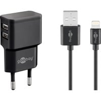 goobay Apple Lightning Dual-Ladeset 12 Watt, Ladegerät schwarz, 1 Meter Kabel