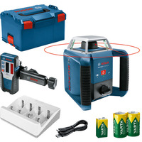 Bosch Professional Rotationslaser GRL 400 H Professional blau/schwarz, rote Laserlinie, mit Laser-Empfänger LR 1, VARTA Ladegerät + Akkus, in L-BOXX