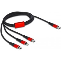 DeLOCK USB Ladekabel, USB-C Stecker > Micro-USB + USB-C + Lightning Stecker schwarz/rot, 1 Meter, gesleevt, nur Ladefunktion