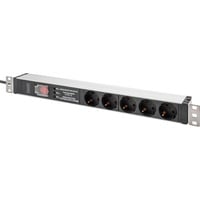 Digitus 19" Steckdosenleiste mit Aluminiumprofil, 5-fach, 1HE schwarz/aluminium, 2 Meter Kabel, Schalter, Überspannungsschutz, Netzfilter, Stecker Typ-C