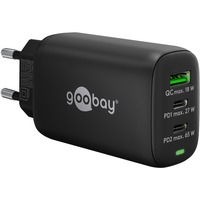goobay USB-C Multiport-Schnellladegerät, PD, GaN, 65 Watt schwarz, 2x USB-C, 1x USB-A, Power Delivery, QuickCharge