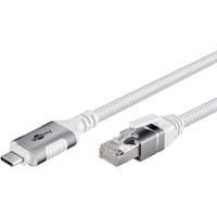 goobay Ethernet-Kabel USB-C 3.2 Gen2 Stecker > RJ-45 Stecker, LAN-Adapter weiß, 3 Meter, geflochtener Textilmantel