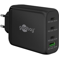 goobay USB-C PD Multiport-Schnellladegerät 100 Watt schwarz, 1x USB-A QC, 3x USB-C PD, GaN-Technologie