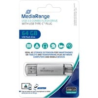 MediaRange Kombo-Speicherstick 64 GB, USB-Stick silber/transparent, USB-A 3.2 Gen 1, USB-C 3.2 Gen 1