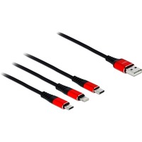 DeLOCK USB Ladekabel, USB-A Stecker > USB-C + Micro USB + Lightning Stecker schwarz/rot, 30cm, gesleevt, nur Ladefunktion