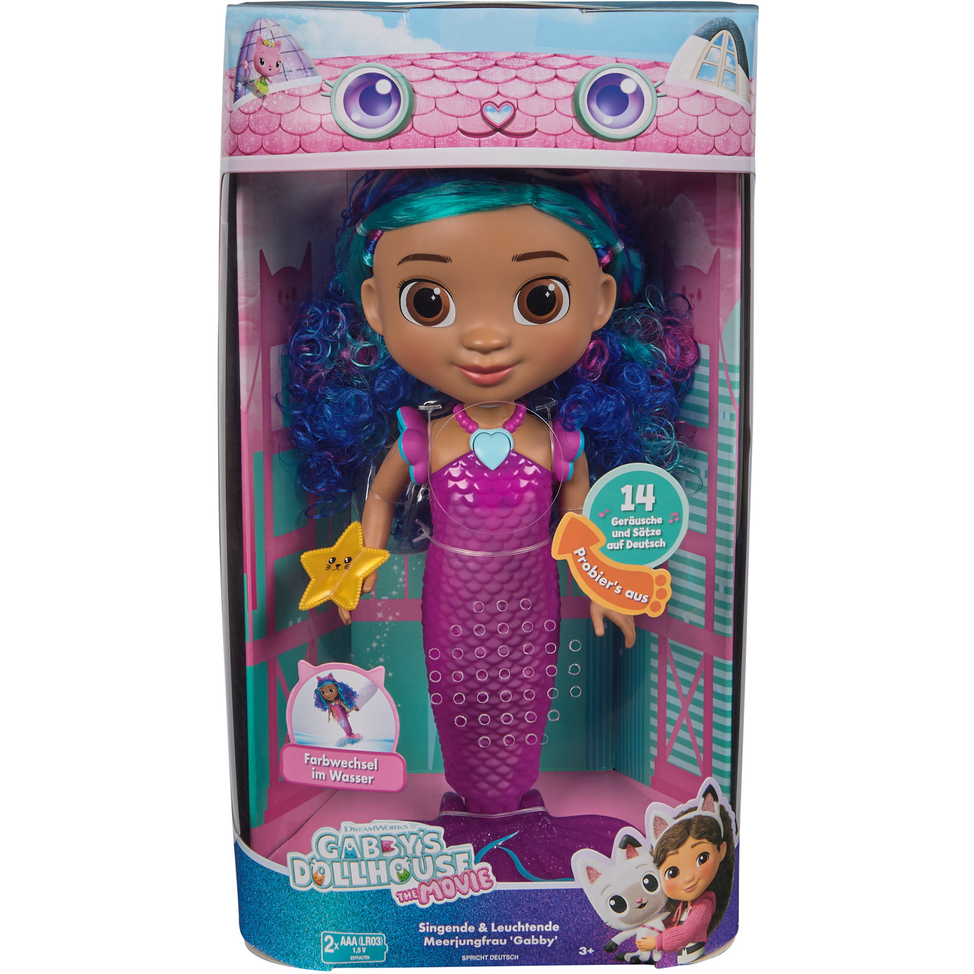 Spin Master Gabby's Dollhouse: Der Film - Sing & Shine Meerjungfrau Gabby, Spielfigur 30cm große Wasserspielpuppe mit Licht- & Soundeffekten