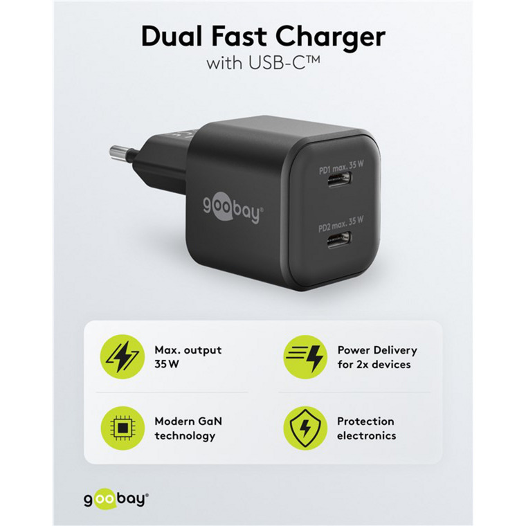 goobay USB-C Dual-Schnellladegerät Nano, PD, GaN, 35 Watt schwarz, 2x USB-C, Power Delivery 3.0